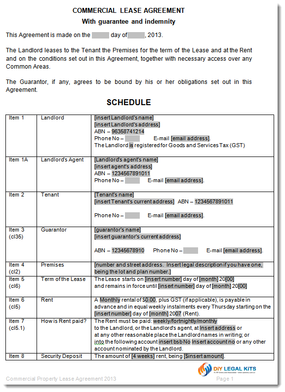 New South Wales NSW Commercial Property Lease Agreement